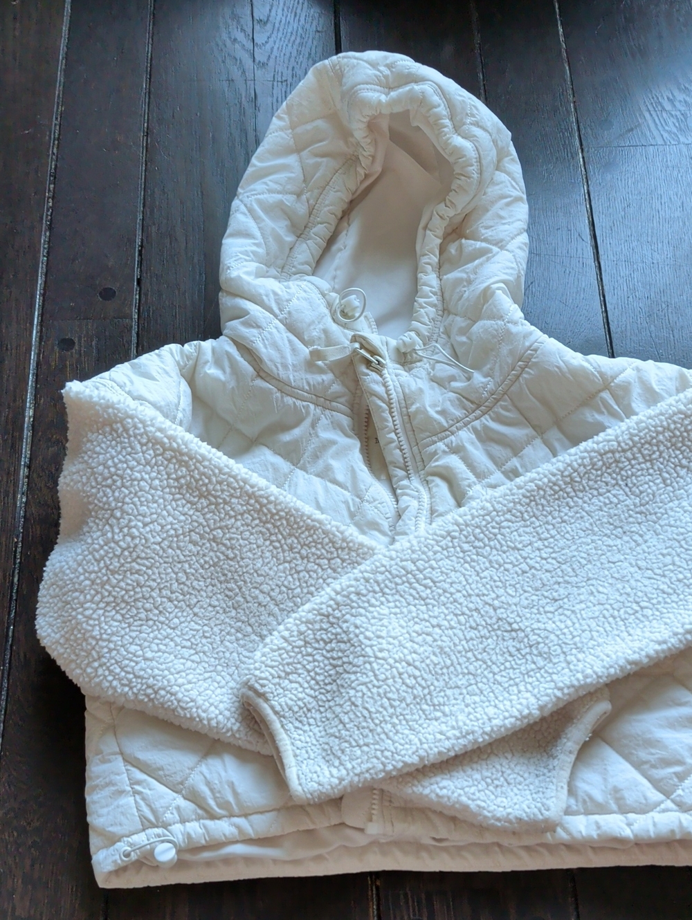 Women's Cream Quilted Hooded Pullover with Sherpa Sleeves